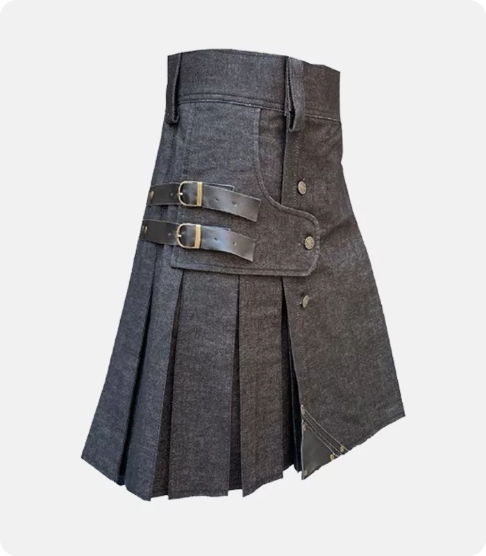 Black Denim Leather Strap Kilt Side