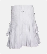 Custom Made Deluxe White Utility Kilt With Leather Straps Back
