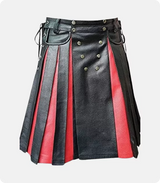 Custom Made Pleated Black & Red Leather Kilt Front