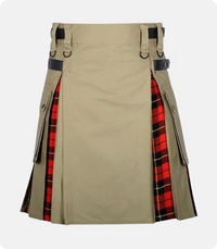 Khaki Cotton Wallace Tartan Scottish Utility Cargo Hybrid Kilt