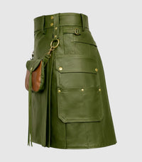 Olive Green Leather Kilt Left Side