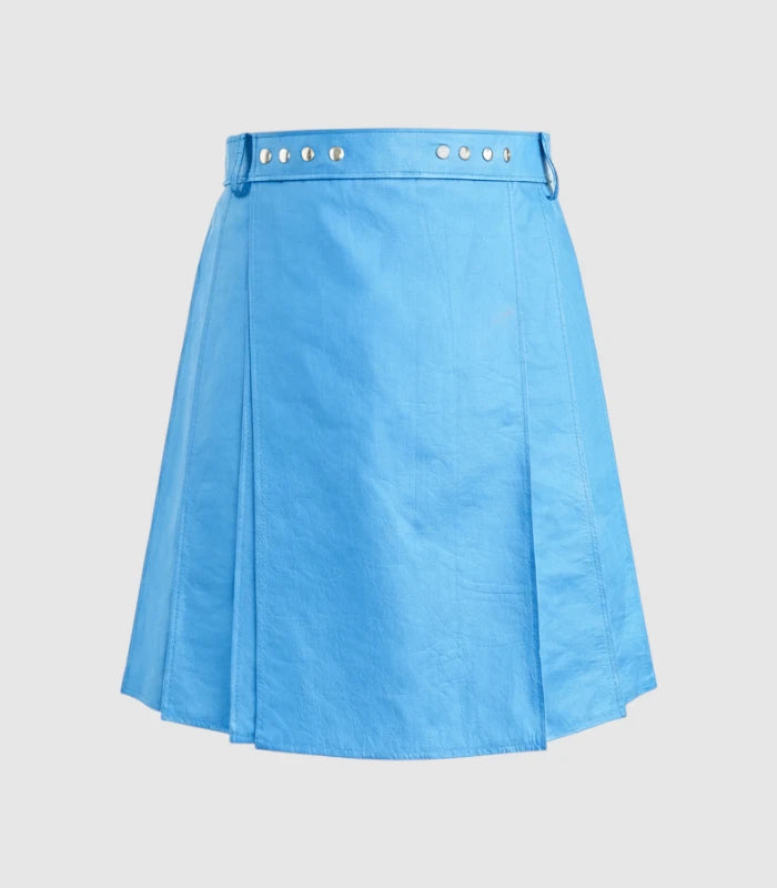 Plain Sky Blue Leather Kilt Front