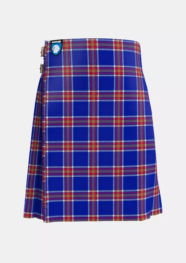 Traditional_Blue_Rust_Tartan_kilt_front_image_with_pleated_design_and_adjustable_buckles_for_men