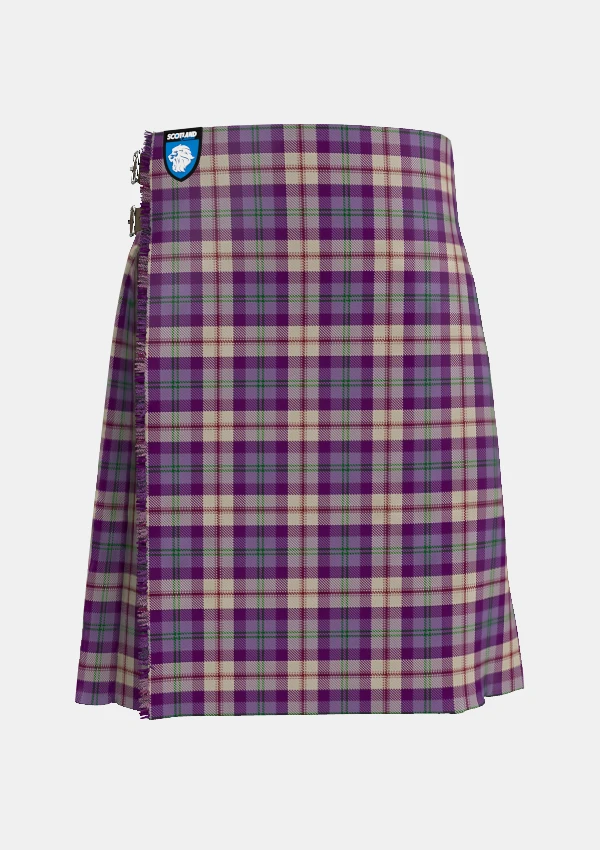 Traditional_Gigha_Lilac_Tartan_kilt_7582_front_image_with_pleated_design_and_adjustable_buckles_for_men