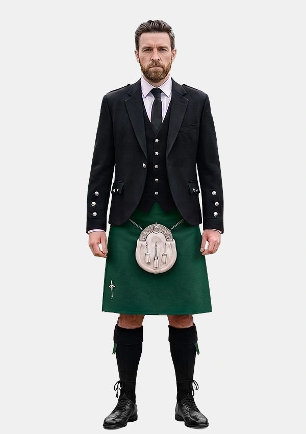 Traditional_Solid_Green_Tartan_Kilt_and_Argyle_Jacket_Kilt_Outfits_front_image