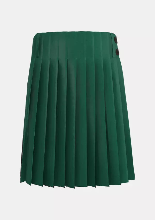 Traditional_Solid_Green_Tartan_kilt_back_image_with_pleated_design_and_adjustable_buckles_for_men