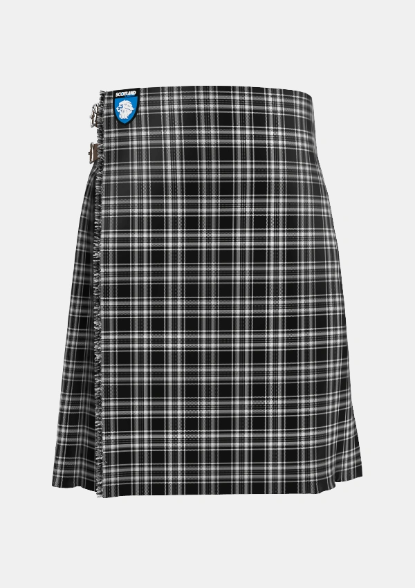 Traditional_Stewart_Black_White_Tartan_1231_kilt_front_image_with_pleated_design_and_adjustable_buckles_for_men