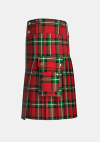 Utility_Bacon_Red_Tartan_kilt_left_image_with_pleated_design_and_adjustable_buckles_for_men
