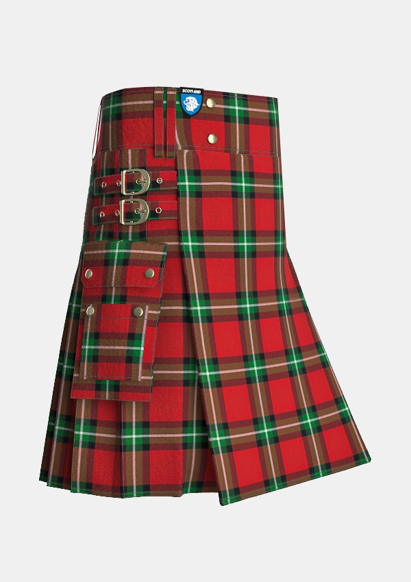 Utility_Bacon_Red_Tartan_kilt_side_image_with_pleated_design_and_adjustable_buckles_for_men