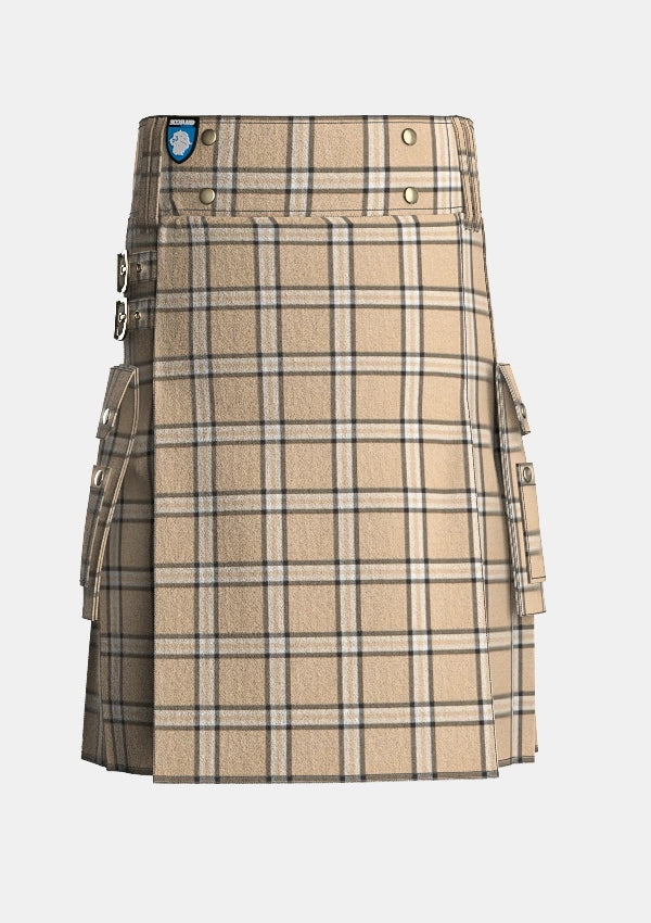 Utility_Beige_tartan_kilt_front_image_with_pleated_design_and_adjustable_buckles_for_men