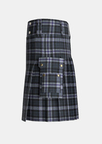 Utility_Black_Scottish_National_Tartan_kilt_left_image_with_pleated_design_and_adjustable_buckles_for_men