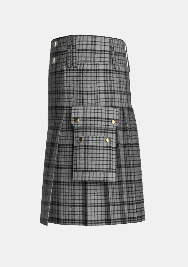 Utility_Black_Shadow_Tartan_kilt_left_image_with_pleated_design_and_adjustable_buckles_for_men