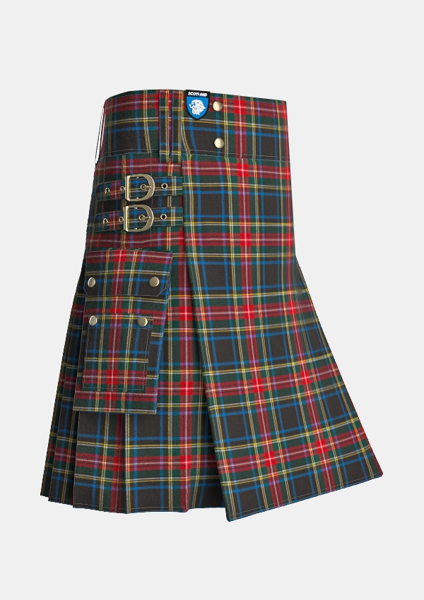 Utility_Black_Stewart_tartan_kilt_side_image_with_pleated_design_and_adjustable_buckles_for_men