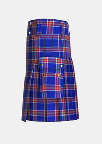 Utility_Blue_Rust_Tartan_kilt_left_image_with_pleated_design_and_adjustable_buckles_for_men