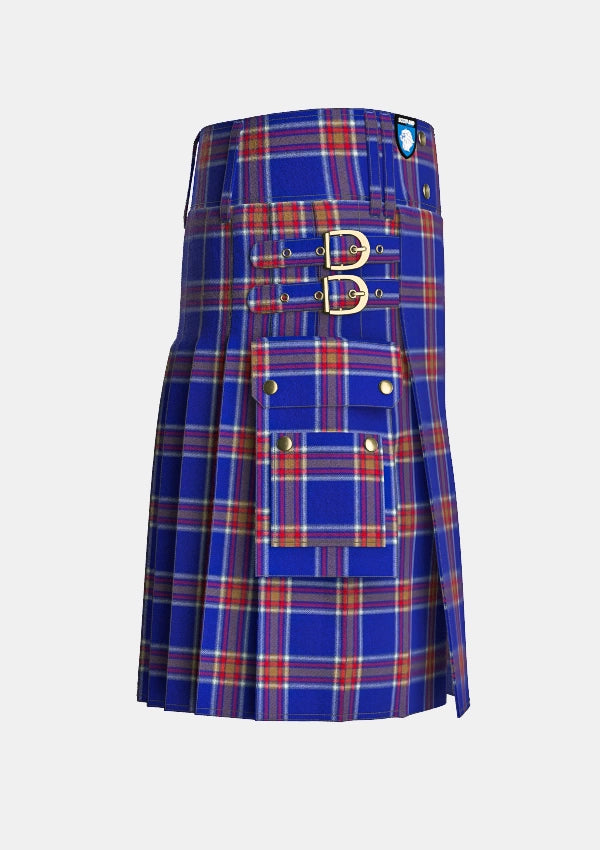 Utility_Blue_Rust_Tartan_kilt_right_image_with_pleated_design_and_adjustable_buckles_for_men