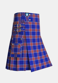 Utility_Blue_Rust_Tartan_kilt_side_image_with_pleated_design_and_adjustable_buckles_for_men