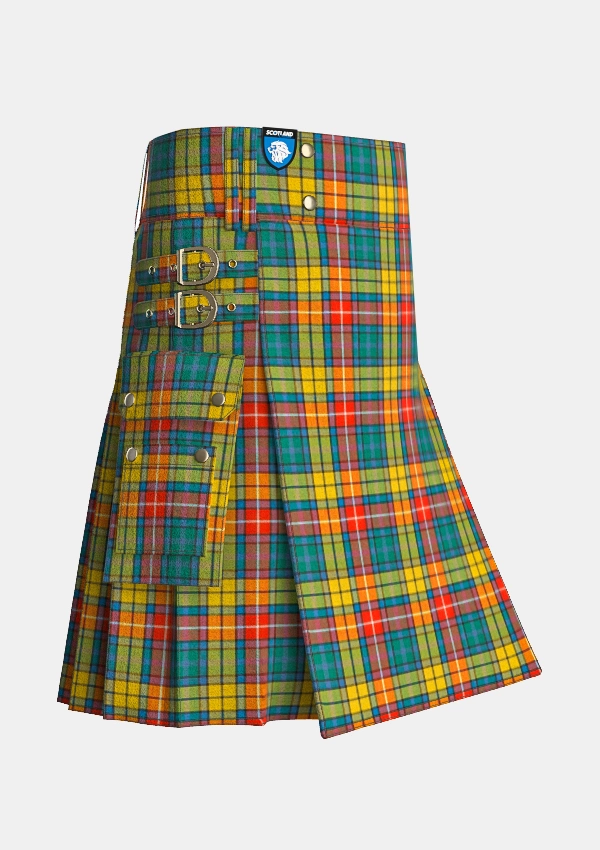 Utility_Buchanan_Ancient_tartan_151_kilt_side_image_with_pleated_design_and_adjustable_buckles_for_men