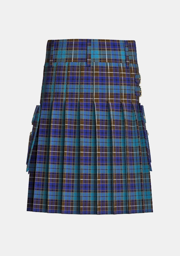 Utility_Buchanan_Blue_Tartan_kilt_back_image_with_pleated_design_and_adjustable_buckles_for_men