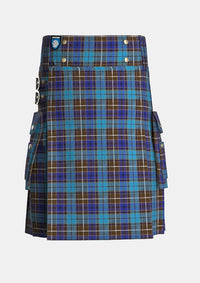 Utility_Buchanan_Blue_Tartan_kilt_front_image_with_pleated_design_and_adjustable_buckles_for_men
