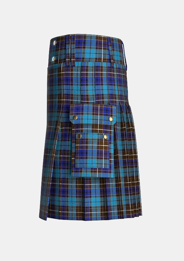 Utility_Buchanan_Blue_Tartan_kilt_left_image_with_pleated_design_and_adjustable_buckles_for_men