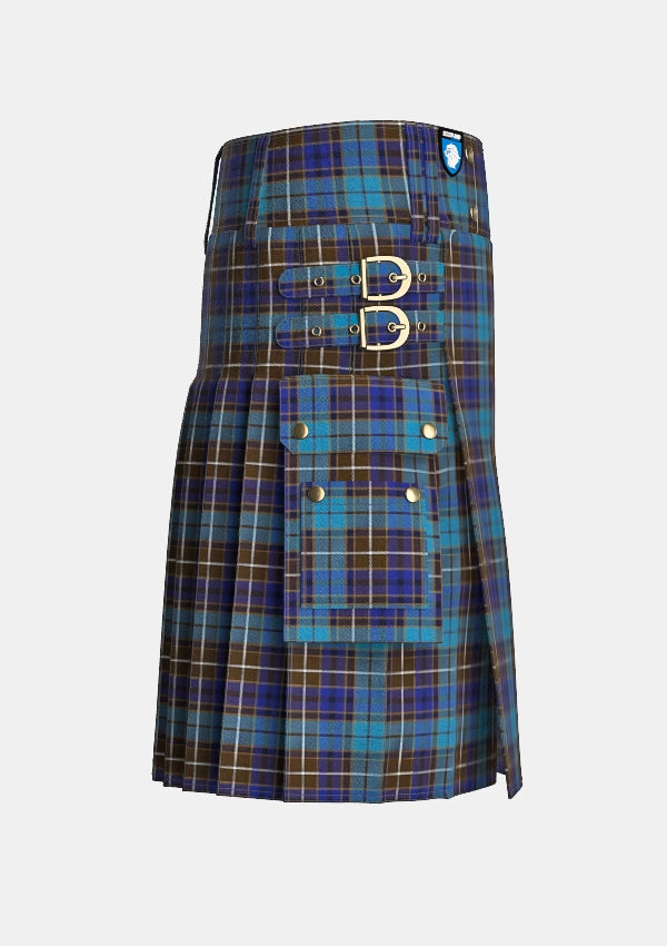 Utility_Buchanan_Blue_Tartan_kilt_right_image_with_pleated_design_and_adjustable_buckles_for_men