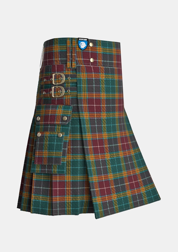 Utility_Buchanan_Muted_Tartan_kilt_side_image_with_pleated_design_and_adjustable_buckles_for_men