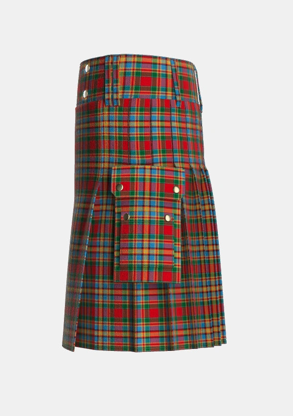 Utility_Chattan_brown_stripe_variation_Tartan_1620_kilt_left_image_with_pleated_design_and_adjustable_buckles_for_men