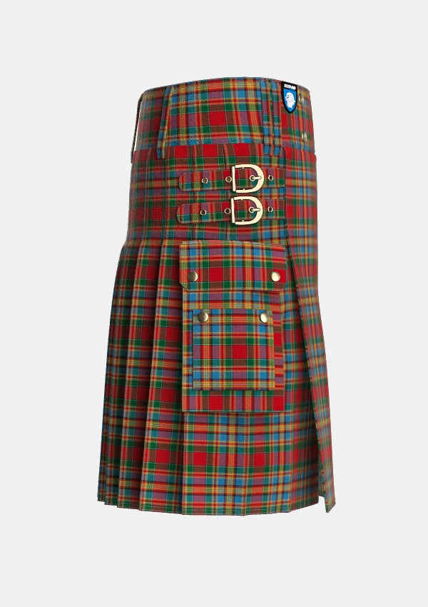 Utility_Chattan_brown_stripe_variation_Tartan_1620_kilt_right_image_with_pleated_design_and_adjustable_buckles_for_men