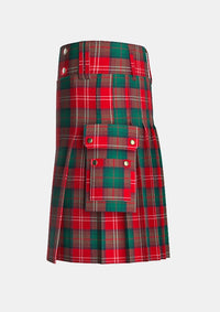 Utility_Chisholm_Red_tartan_kilt_left_image_with_pleated_design_and_adjustable_buckles_for_men