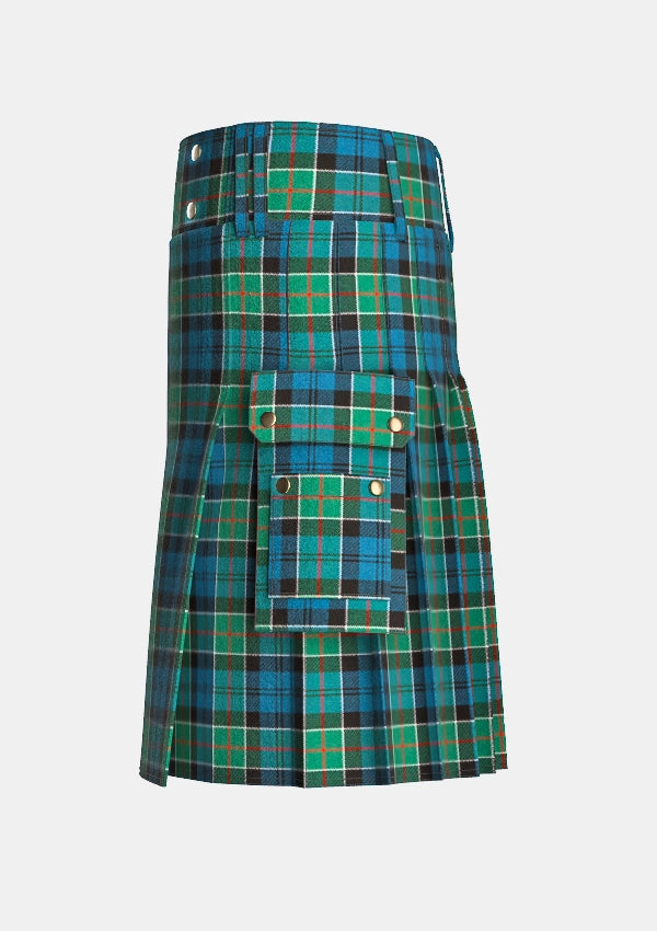 Utility_Colquhoun_Ancient_Tartan_kilt_left_image_with_pleated_design_and_adjustable_buckles_for_men