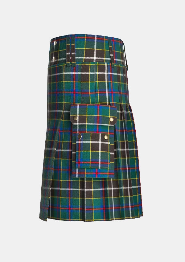Utility_Cornish_Hunting_tartan_1568_kilt_left_image_with_pleated_design_and_adjustable_buckles_for_men