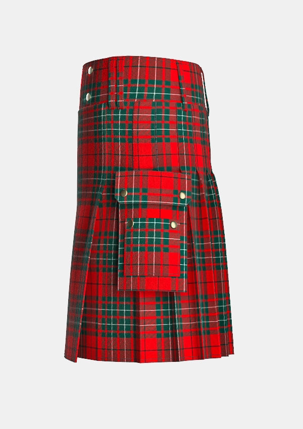 Utility_Cumming_Red_Modern_Tartan_kilt_left_image_with_pleated_design_and_adjustable_buckles_for_men