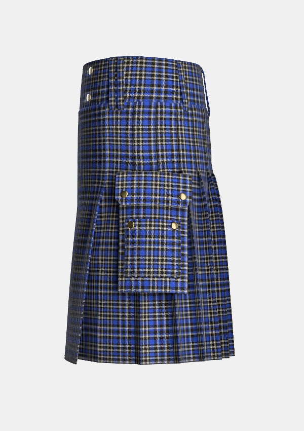 Utility_Cummins_Royal_Blue_Tartan_10729_kilt_left_image_with_pleated_design_and_adjustable_buckles_for_men
