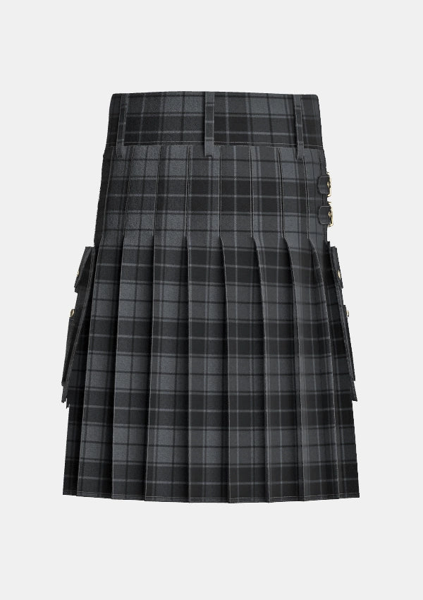 Utility_Dark_Grey_Highlander_Tartan_kilt_back_image_with_pleated_design_and_adjustable_buckles_for_men