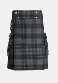 Utility_Dark_Grey_Highlander_Tartan_kilt_front_image_with_pleated_design_and_adjustable_buckles_for_men