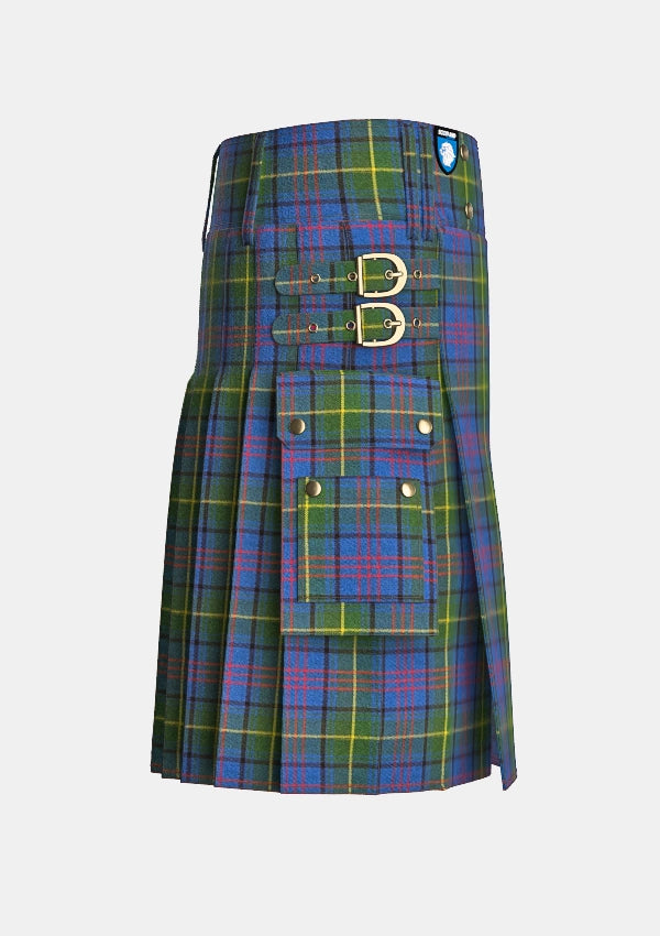 Utility_Donegal_tartan_kilt_right_image_with_pleated_design_and_adjustable_buckles_for_men