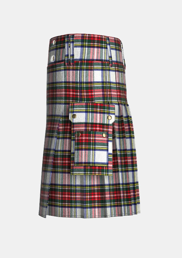 Utility_Dress_Stewart_Tartan_kilt_left_image_with_pleated_design_and_adjustable_buckles_for_men