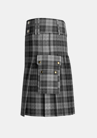 Utility_Erskine_Grey_Tartan_kilt_left_image_with_pleated_design_and_adjustable_buckles_for_men