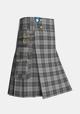 Utility_Erskine_Grey_Tartan_kilt_side_image_with_pleated_design_and_adjustable_buckles_for_men