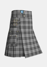 Utility_Erskine_Grey_Tartan_kilt_side_image_with_pleated_design_and_adjustable_buckles_for_men