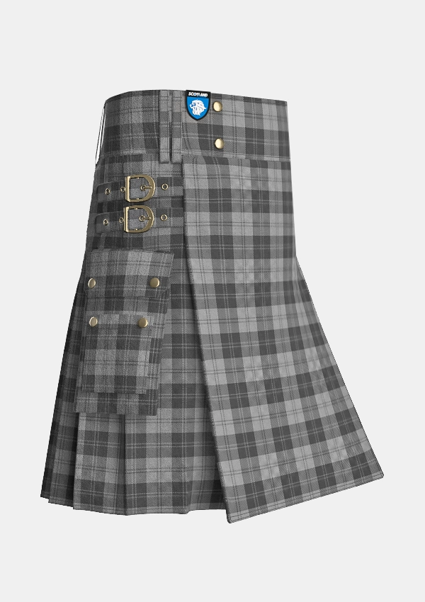 Utility_Erskine_Grey_Tartan_kilt_side_image_with_pleated_design_and_adjustable_buckles_for_men