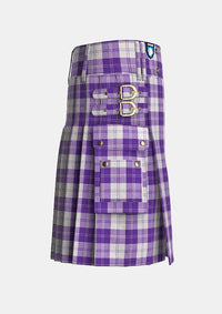 Utility_Erskine_Purple_Tartan_kilt_right_image_with_pleated_design_and_adjustable_buckles_for_men