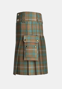 Utility_Fraser_Weathered_Tartan_kilt_left_image_with_pleated_design_and_adjustable_buckles_for_men