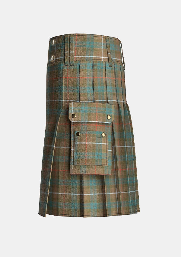 Utility_Fraser_Weathered_Tartan_kilt_left_image_with_pleated_design_and_adjustable_buckles_for_men