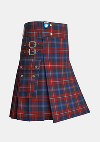 Utility_Galway_County_Crest_Range_Tartan_3085_kilt_side_image_with_pleated_design_and_adjustable_buckles_for_men