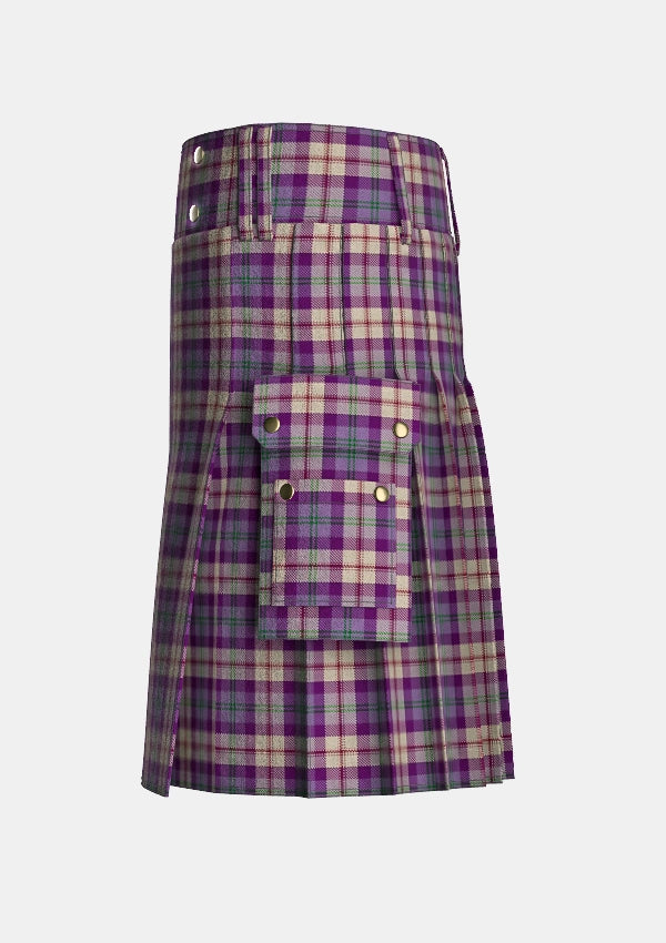 Utility_Gigha_Lilac_Tartan_7582_kilt_left_image_with_pleated_design_and_adjustable_buckles_for_men