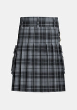 Utility_Grey_Highlander_Tartan_kilt_back_image_with_pleated_design_and_adjustable_buckles_for_men