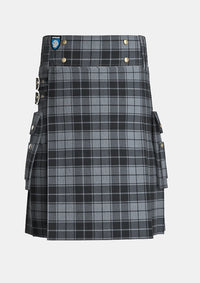 Utility_Grey_Highlander_Tartan_kilt_front_image_with_pleated_design_and_adjustable_buckles_for_men