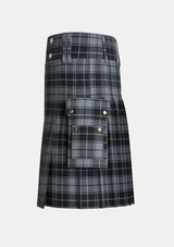 Utility_Grey_Highlander_Tartan_kilt_left_image_with_pleated_design_and_adjustable_buckles_for_men