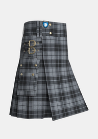 Utility_Grey_Highlander_Tartan_kilt_side_image_with_pleated_design_and_adjustable_buckles_for_men